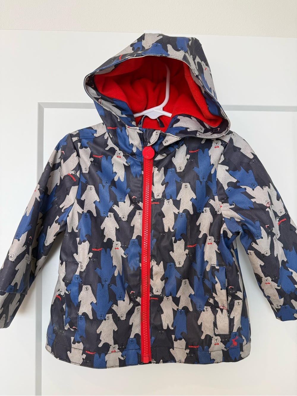 Joules Baby Raincoat 1Y 80cm Bear Print Fleece Lined Hooded Jacket EUC